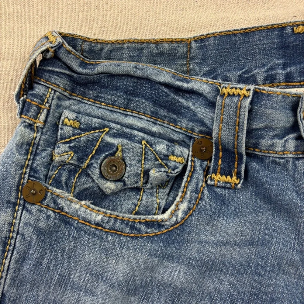 True Religion Joey Flare Jeans Mens 32 Blue Distressed Flap Pocket Horseshoe